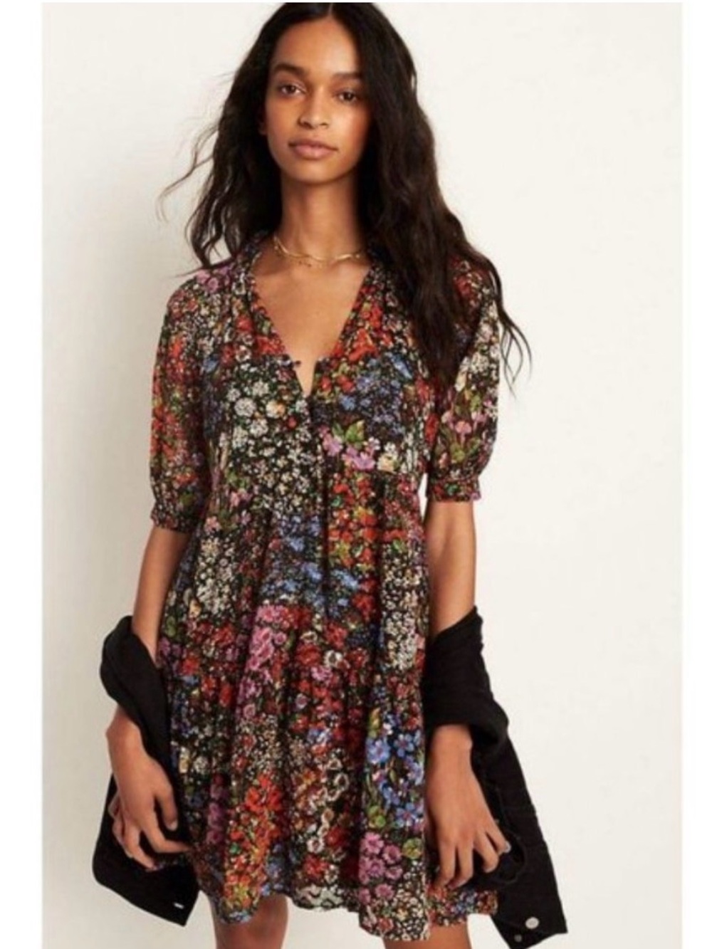 Anthropologie Maeve Melinda Tiered Floral Black Tunic Dress Size XL